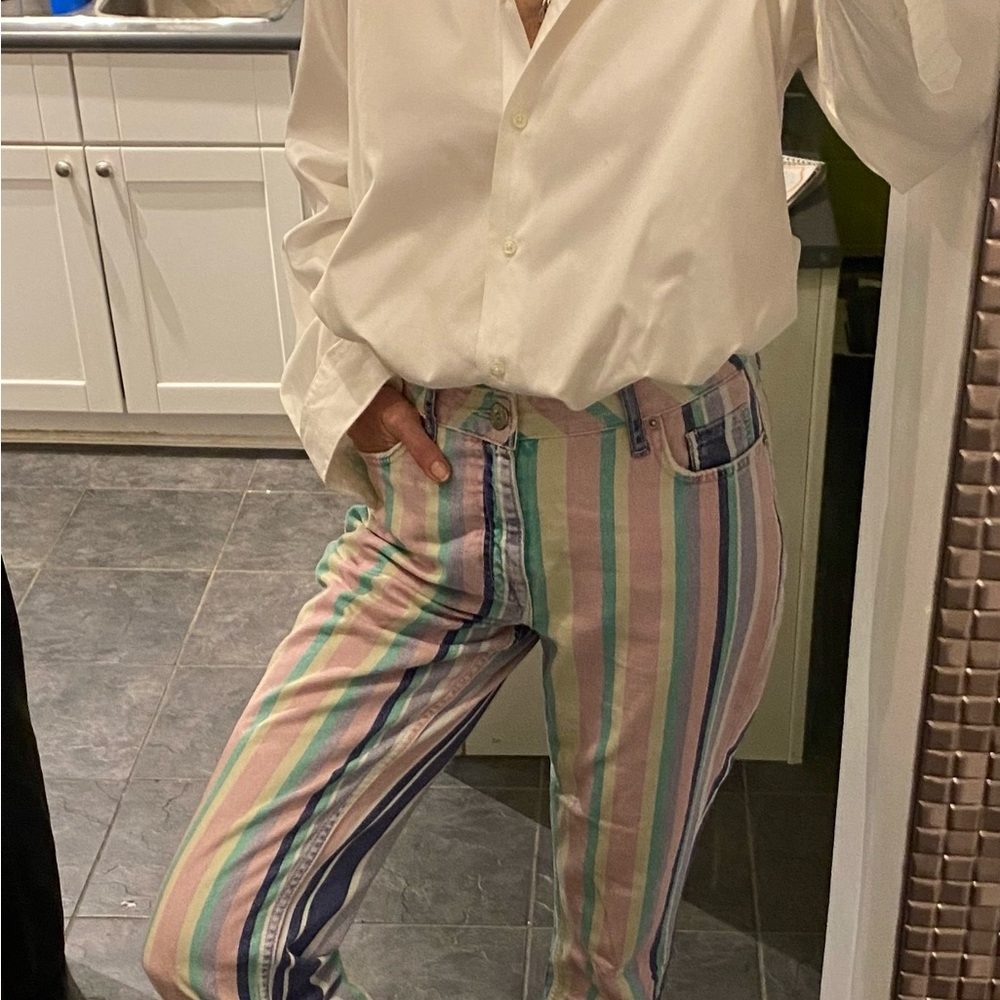 Funky striped cigarette cut jeans.  100% cotton.